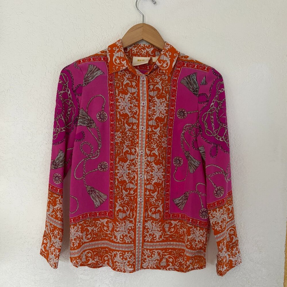 Anthropologie Maeve Silk Print Button-Down Blouse, Size 0